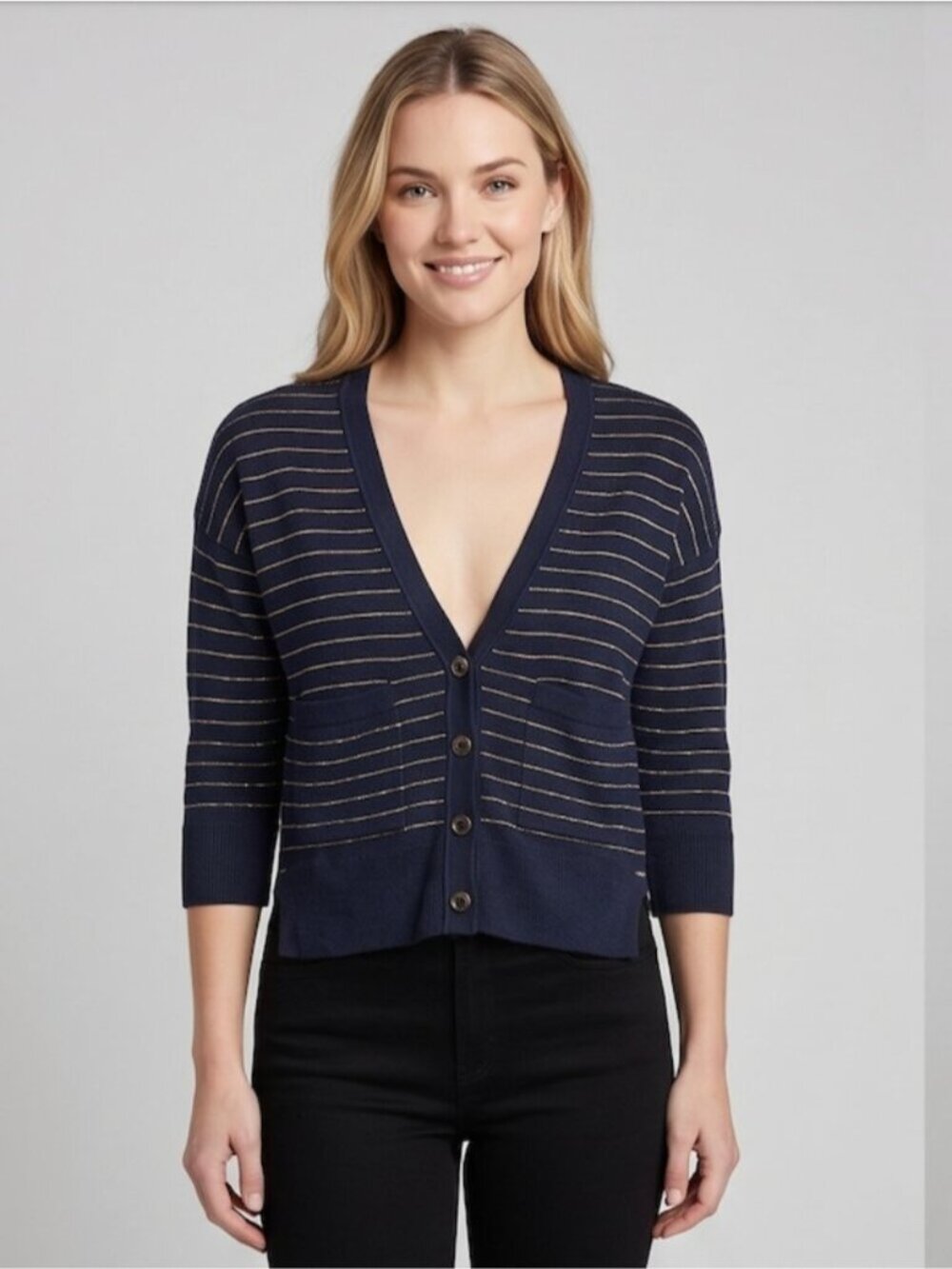Club Monaco Striped Cardigan Black and Gold